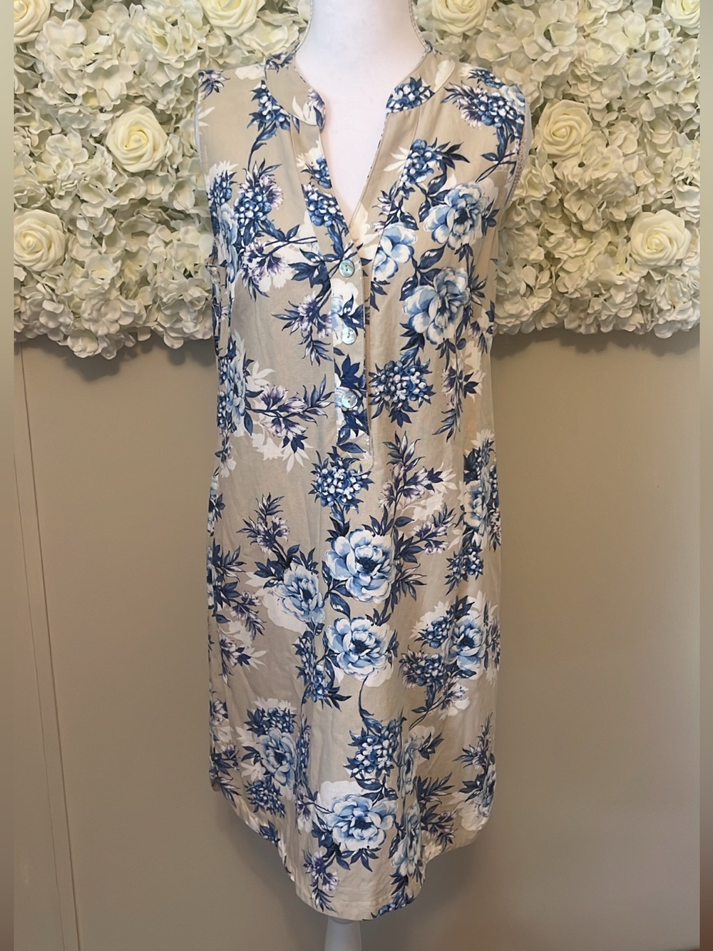 Sleeveless Beige Linen Blend Mini Dress with Blue Floral Print